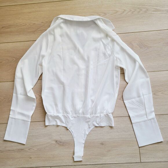 NEW 4th + Reckless Anthropologie Top L White Button-Front Silky Bodysuit Blouse - Picture 8 of 10